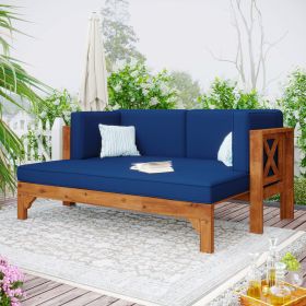 Outdoor Patio Extendable Wooden Sofa Set Sectional Furniture Set with Thick Cushions for Balcony; Backyard; Poolside; Brown Finish+Blue Cushion