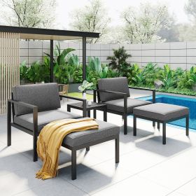 Outdoor Patio 5-piece Aluminum Alloy Conversation Set Sofa Set with Coffee Table and Stools for Poolside; Garden; Black Frame+Gray Cushion