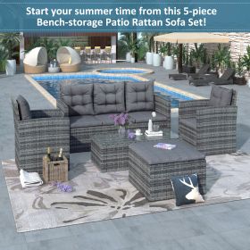5-piece Outdoor UV-Resistant Patio Sofa Set with Storage Bench All Weather PE Wicker Furniture Coversation Set with Glass Table, Gray