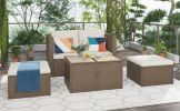 Outdoor 6-Piece Garden Furniture Set; PE Wicker Rattan Sectional Sofa Set with 2 Tea Tables; Brown Wicker+Beige Cushion