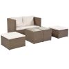 Outdoor 6-Piece Garden Furniture Set; PE Wicker Rattan Sectional Sofa Set with 2 Tea Tables; Brown Wicker+Beige Cushion