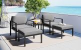 Outdoor Patio 5-piece Aluminum Alloy Conversation Set Sofa Set with Coffee Table and Stools for Poolside; Garden; Black Frame+Gray Cushion