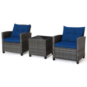 3 Pieces Outdoor Wicker Conversation Set with Tempered Glass Tabletop (Color: Navy)