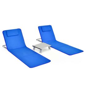 3 Pieces Beach Lounge Chair Mat Set 2 Adjustable Lounge Chairs with Table Stripe (Color: Blue)