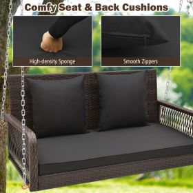 2-Person Outdoor Wicker Porch Swing with Seat and Back Cushions (Color: Black)