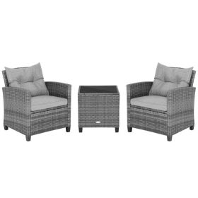3 Pieces Outdoor Wicker Conversation Set with Tempered Glass Tabletop (Color: Gray)