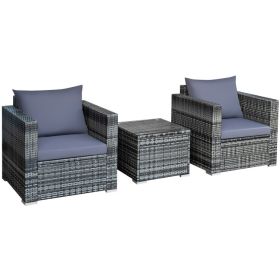 3 Pieces Patio Rattan Furniture Bistro Sofa Set with Cushioned (Color: Gray)