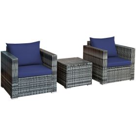 3 Pieces Patio Rattan Furniture Bistro Sofa Set with Cushioned (Color: Navy)