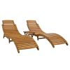 Outdoor Patio Wood Portable Extended Chaise Lounge Set with Foldable Tea Table for Balcony; Poolside; Garden