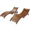 Outdoor Patio Wood Portable Extended Chaise Lounge Set with Foldable Tea Table for Balcony; Poolside; Garden