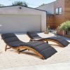 Outdoor Patio Wood Portable Extended Chaise Lounge Set with Foldable Tea Table for Balcony; Poolside; Garden