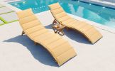 Outdoor Patio Wood Portable Extended Chaise Lounge Set with Foldable Tea Table for Balcony; Poolside; Garden